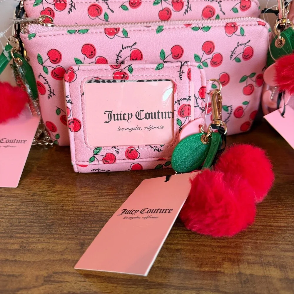 New Juicy Couture Cherry Girl Pink red Wristlet Wallet Clutch Set Mini Handbag